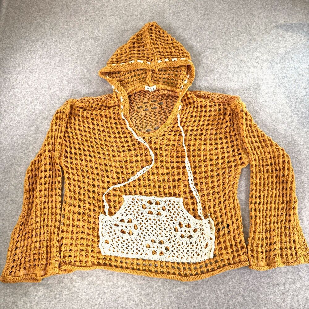 POL Hoodie Sweater Open Crochet Chunky Knit Hooded Pumpkin Orange Boho S Pocket